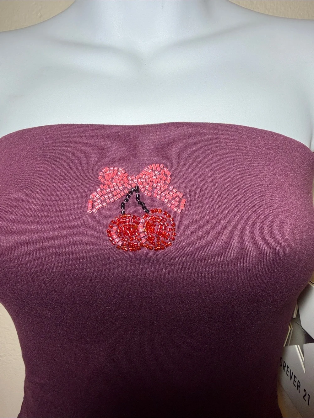 Forever 21 Maroon Strapless Bandeau with Rhinestone Cherry Accent